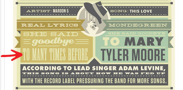 Incorrect use of the word to in a Maroon 5 lyric in an infographic.