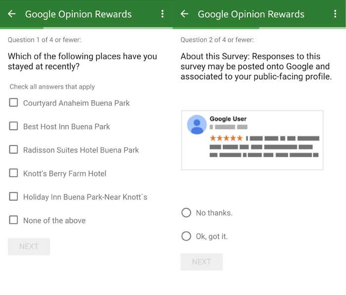 Google Opinion rewards questions 1 and 2