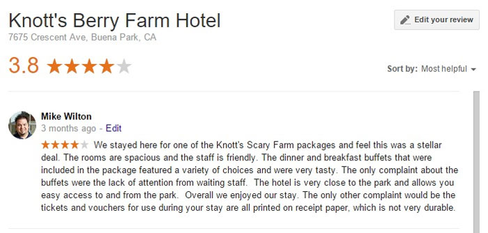 Knott's Berry Farm Hotel Google Review